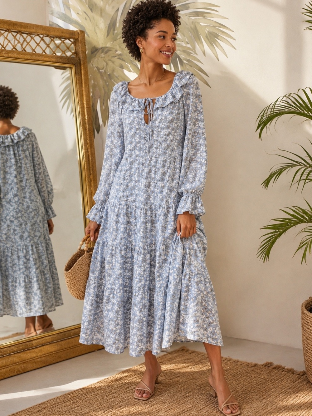 NWT By The RIVER Long Sleeve FLORAL Chiffon MIDI Dress L Women Blue Multi MP$155
